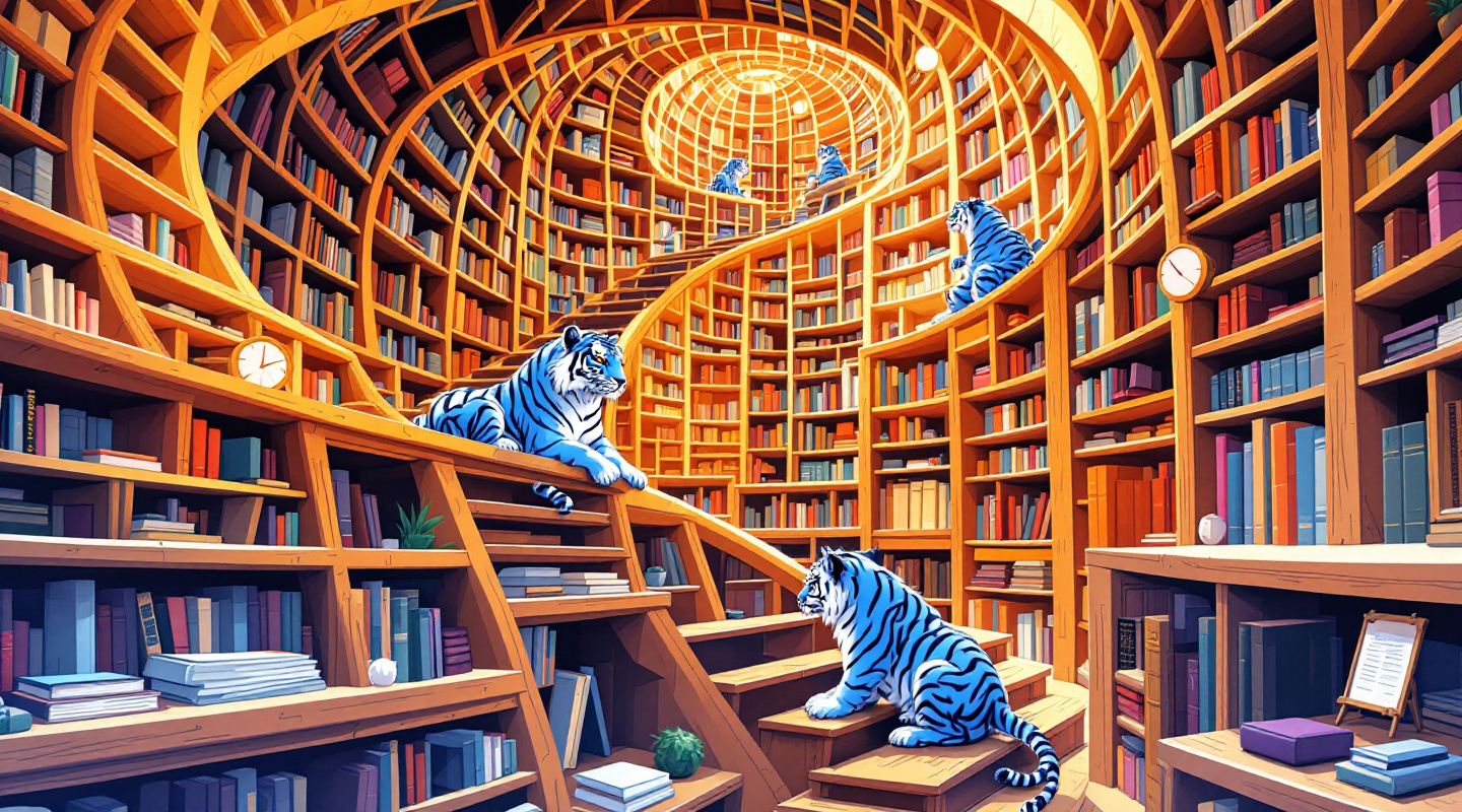 A library with a fractal of bookshelves in all directions, wooden ladders connecting the floor to the shelves. Many blue tigers tend to the books. — Image generated with Flux [pro] 1.1 from Black Forest Labs on fal.ai