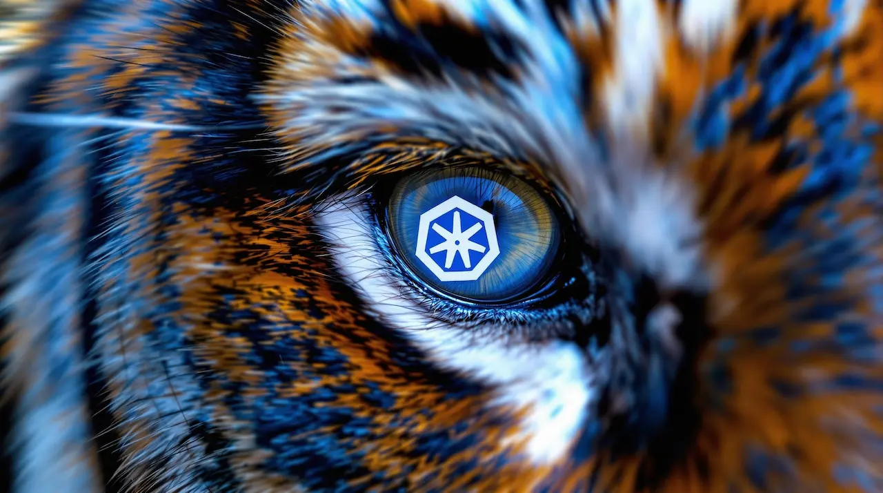 An extreme close-up of a tiger with blue and orange fur. The Kubernetes logo replaces its iris.