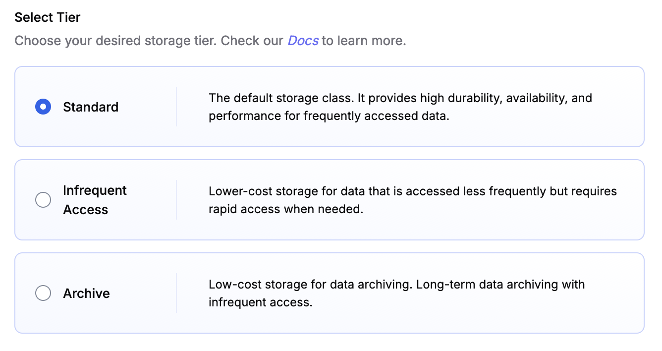 The Tigris Dashboard showing storage tier selection with three options: Standard, Infrequent Access, and Archive