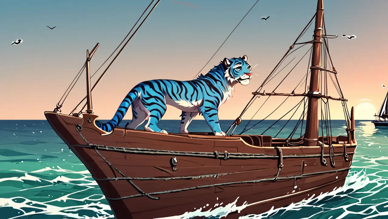 A majestic blue tiger riding on a sailing ship. The tiger is very large.