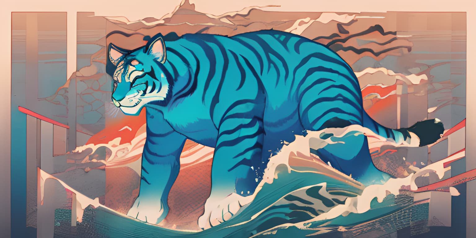 A blue tiger surfs the internet waves, object storage in tow. The image has an ukiyo-e style with flat pastel colors and thick outlines.